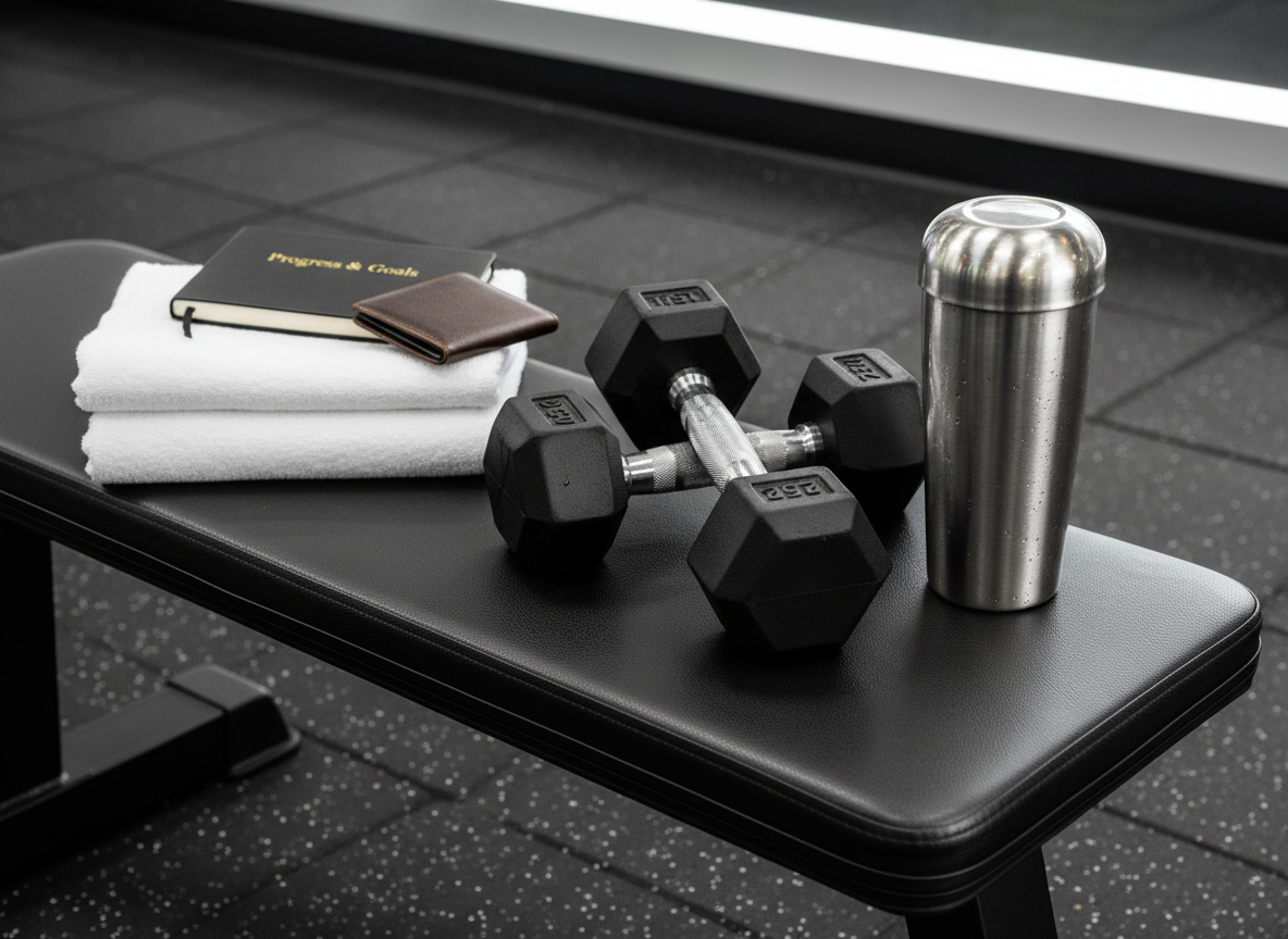 A close-up, photographic-realistic view of a dark, textured gym bench with a folded, crisp white towel resting on one side, a stainless-steel shaker bottle with condensation droplets on the other, and a neatly stacked pair of medium-weight dumbbells centered between them. In the background, slightly out of focus, sits a slim black notebook with a gold-embossed title reading “Progress & Goals,” next to a small, closed leather wallet. The environment is a clean, modern training studio with rubber flooring faintly visible. Overhead LED lighting creates bright, controlled illumination with defined but soft-edged shadows, giving the scene a serious, disciplined mood. Shot at a low angle, the composition highlights details of texture and organization, symbolizing the connection between physical training and financial discipline.
