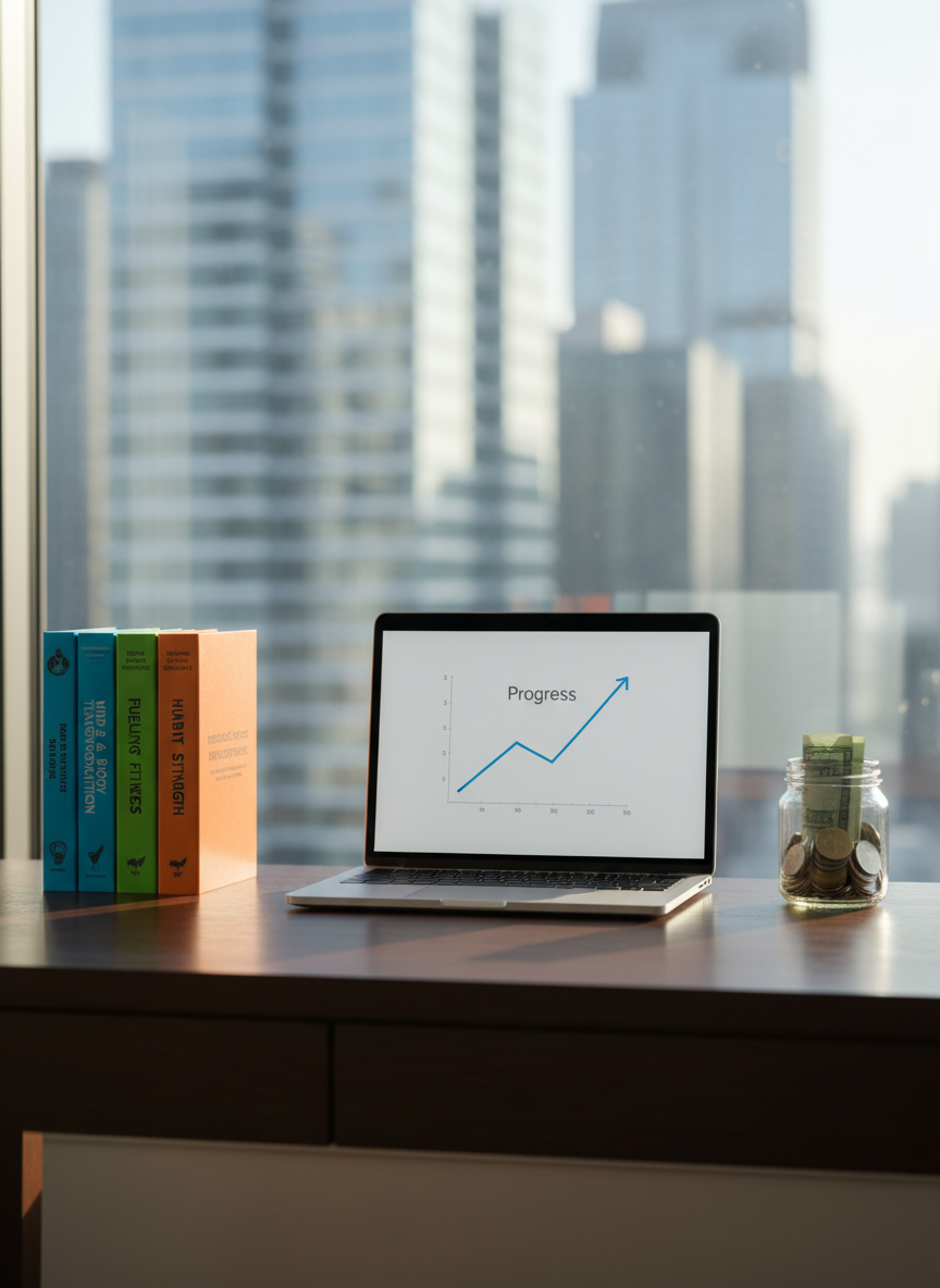 A polished wooden desk holding three symbolic objects of early success: a neatly stacked set of hardcover health and fitness books with crisp, colorful dust jackets; a slim silver laptop displaying a clean line graph trending upward; and a small glass jar half-filled with assorted coins and folded bills. The desk is positioned near a large window overlooking a softly blurred, modern cityscape. Early morning natural light washes in, creating gentle highlights along the book spines and laptop edges, and casting calm, elongated shadows. Photographic realism with a professional, clean aesthetic, shot at eye level with a shallow depth of field, emphasizing clarity, balance, and the idea of consistent daily habits leading to long-term health, fitness, and wealth.