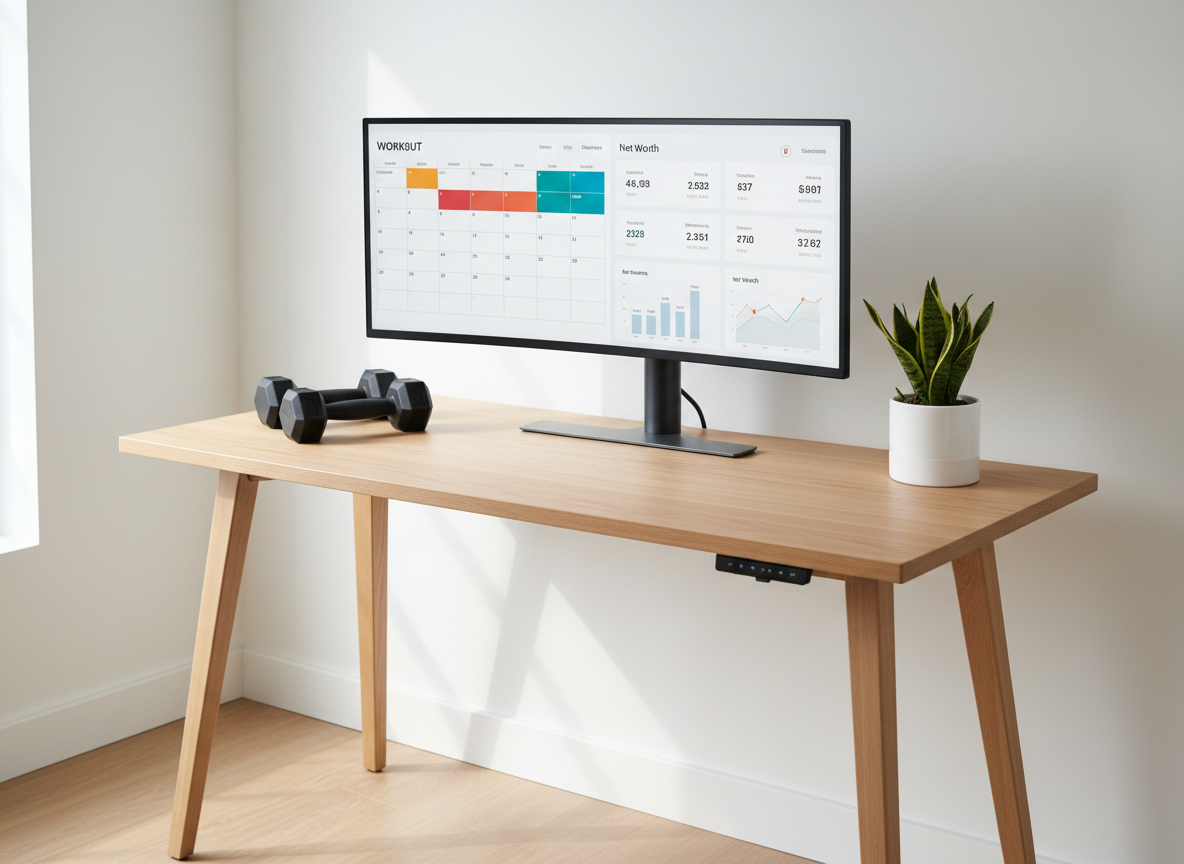 A minimalist home office corner featuring a modern standing desk in light oak, supporting a large monitor that displays a split screen: a simple workout calendar on one side and a clean financial dashboard on the other. Beside the monitor rests a pair of neatly aligned dumbbells with textured rubber grips and a small, thriving green plant in a white ceramic pot. Natural daylight pours through an off-frame window, bathing the scene in cool, even light with soft shadows under the desk. Captured with photographic realism from a three-quarter angle, the composition emphasizes vertical lines and open space, creating a focused, professional mood that suggests structured daily routines for longevity, fitness, and wealth building.