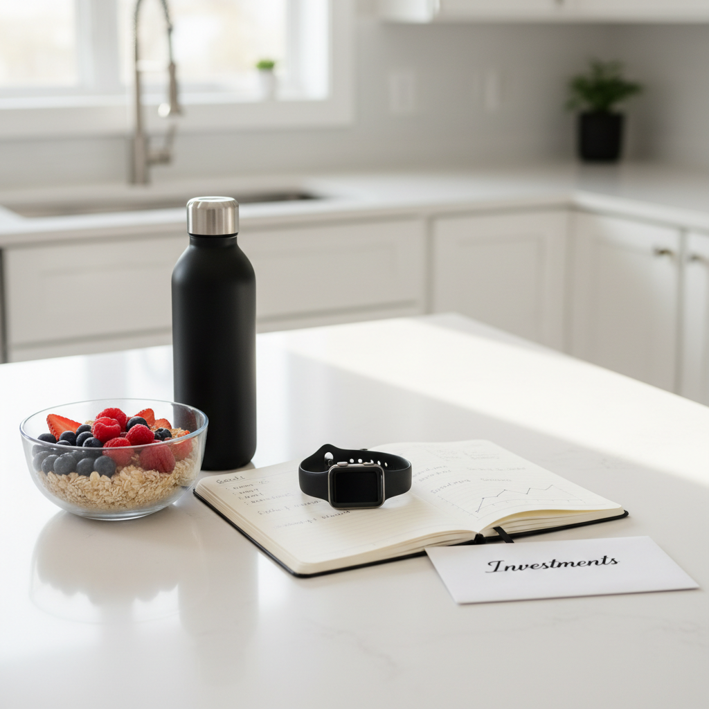 A pristine white kitchen counter displaying a balanced arrangement of success-building essentials: a clear glass bowl filled with fresh berries and oats, a stainless-steel water bottle with a matte finish, a sleek black smartwatch lying beside an open notebook, and a slim, closed envelope labeled “Investments” in neat lettering. Soft mid-morning sunlight streams through an unseen window, creating a bright, motivational atmosphere with gentle reflections on the metal bottle. Shot from a slightly elevated angle with photographic realism, the background fades into a softly blurred, modern kitchen space. The composition follows the rule of thirds, conveying a sense of order, discipline, and an integrated approach to health, fitness, and financial planning.
