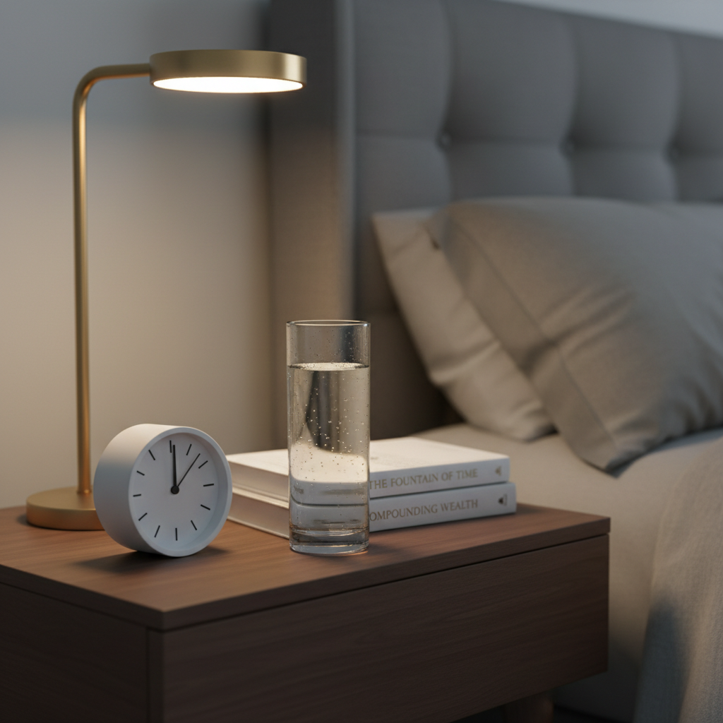 An elegant bedside setup photographed in realistic detail: a sleek dark-wood nightstand holding a glass of clear water with tiny condensation beads, a small stack of two hardcover books titled with subtle references to longevity and investing, and a discrete analog alarm clock with a minimalist white face. A slim, modern table lamp with a warm LED bulb casts a soft, golden pool of light over the objects, leaving the rest of the bedroom in gentle shadow. The headboard and bedding are faintly visible in the blurred background, in cool gray tones that contrast with the warm light. Captured at eye level with a shallow depth of field, the composition feels calm, professional, and intentional, emphasizing restful sleep as the foundation for long-term health, productivity, and financial success.